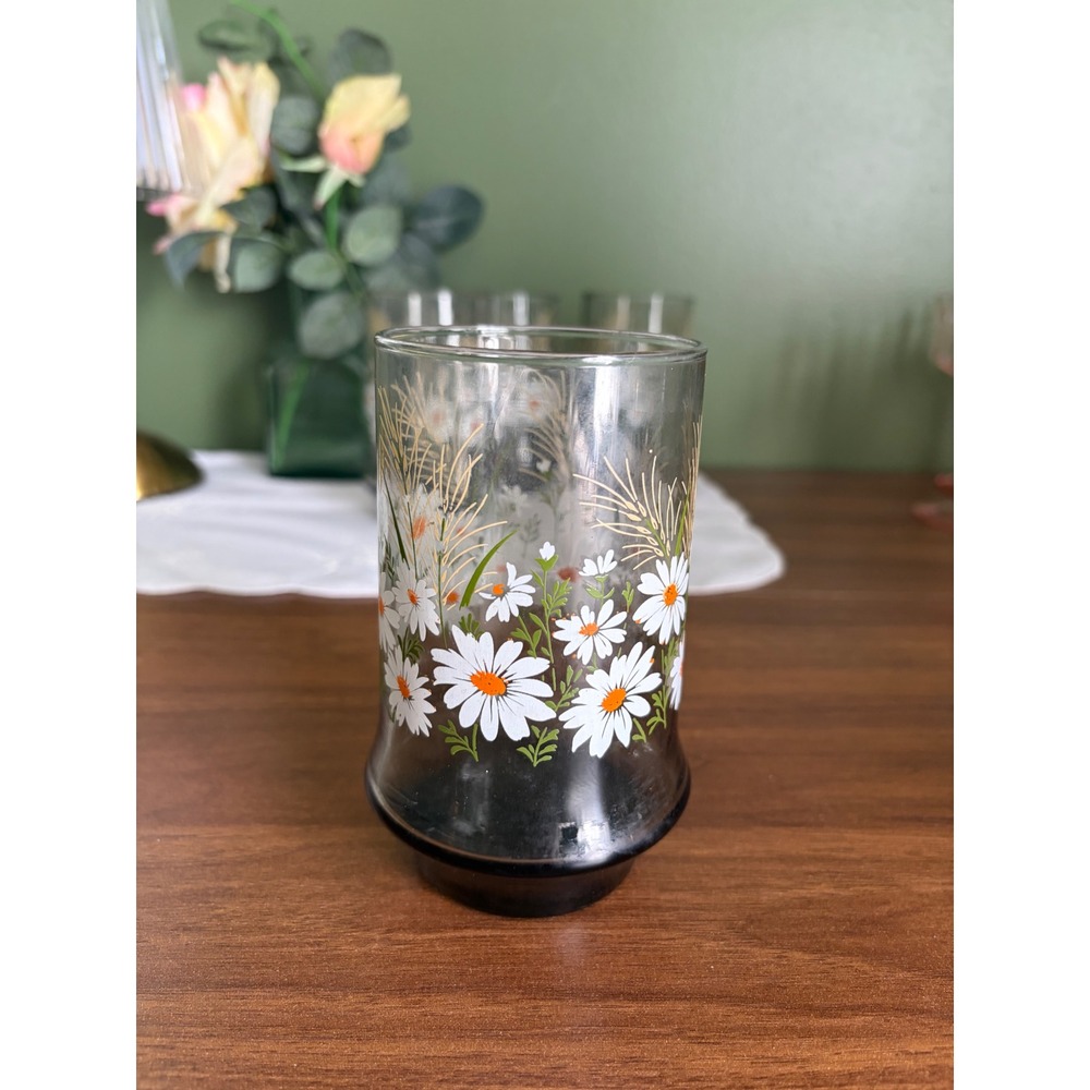 Vintage Libbey Smoked Daisy Glasses Set of 4 | 1970s Floral Tumblers